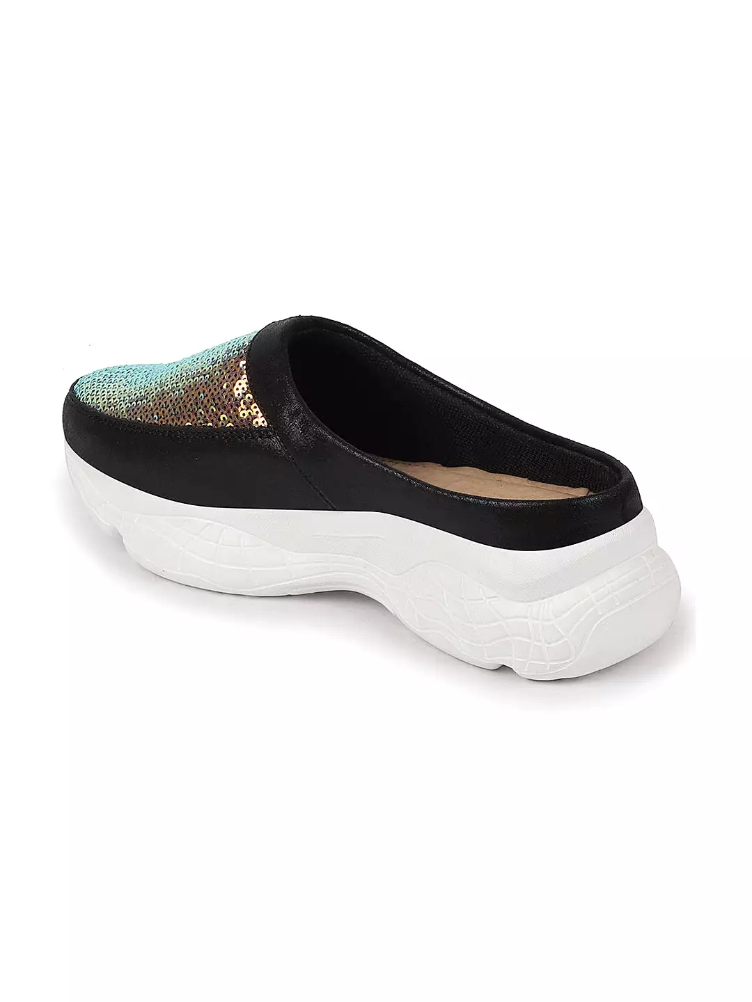 Women Black Back Open Embellished Slip On Mules