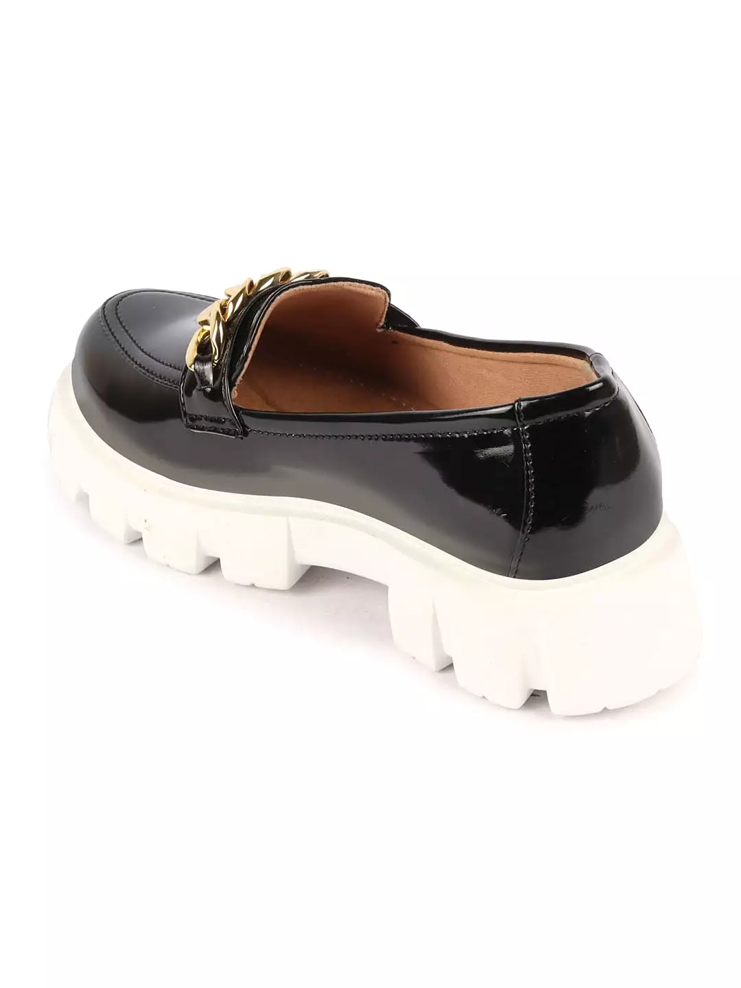 Women Black Patent Leather Shiny Chain Buckle Classic Casual Slip On Loafer Shoes