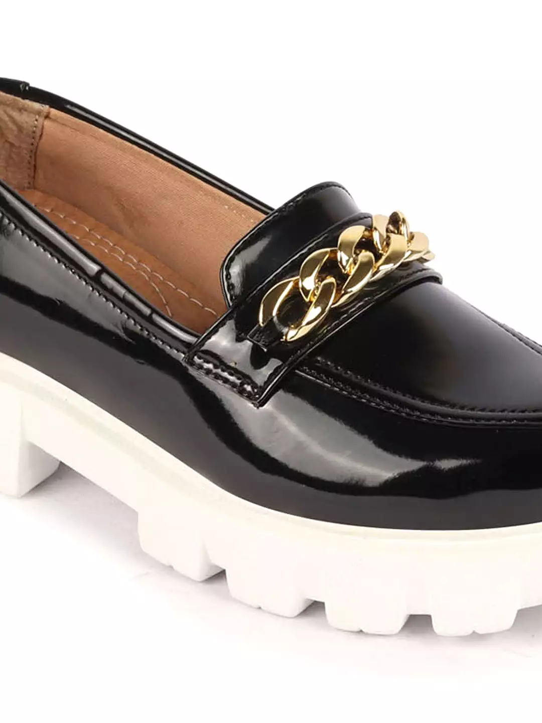 Women Black Patent Leather Shiny Chain Buckle Classic Casual Slip On Loafer Shoes