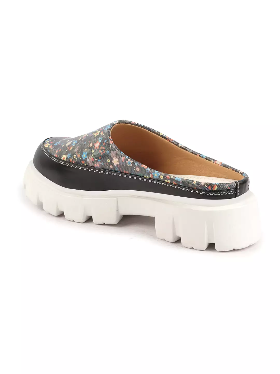 Women Black Stiched Floral Print Back Open Height Enhancer Slip On Casual Shoes