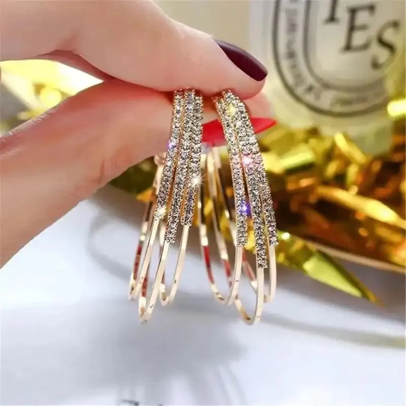 Women Jewelry Multilayer Round Hoop Earrings Shining Gold Color Rhinestone Earrings - S3701770