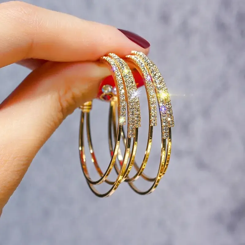 Women Jewelry Multilayer Round Hoop Earrings Shining Gold Color Rhinestone Earrings - S3701770