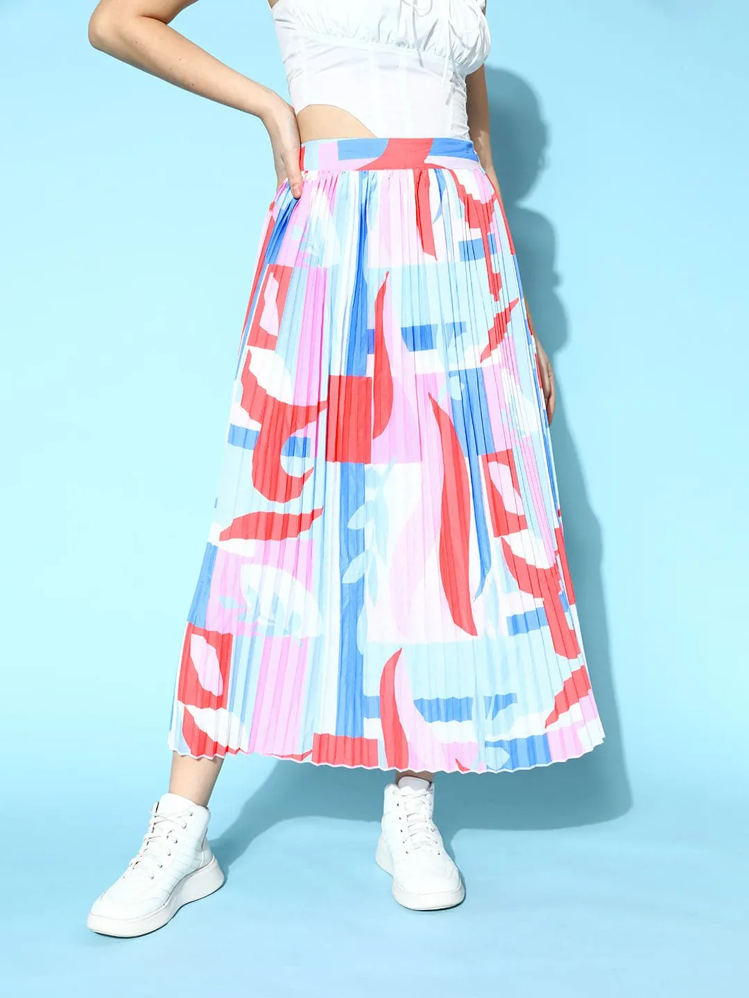 Women Multicolour Pink Abstract Print Pleated Skirt