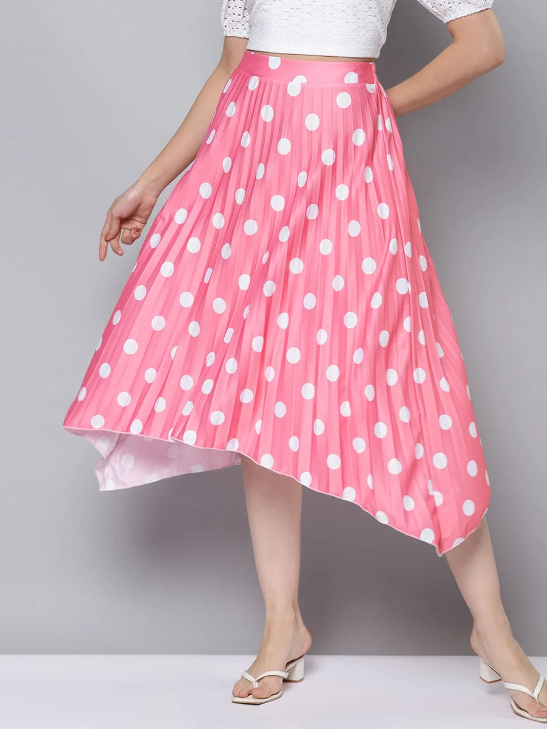 Women Pink With White Polka Dot Asymmetric Pleated Skirt