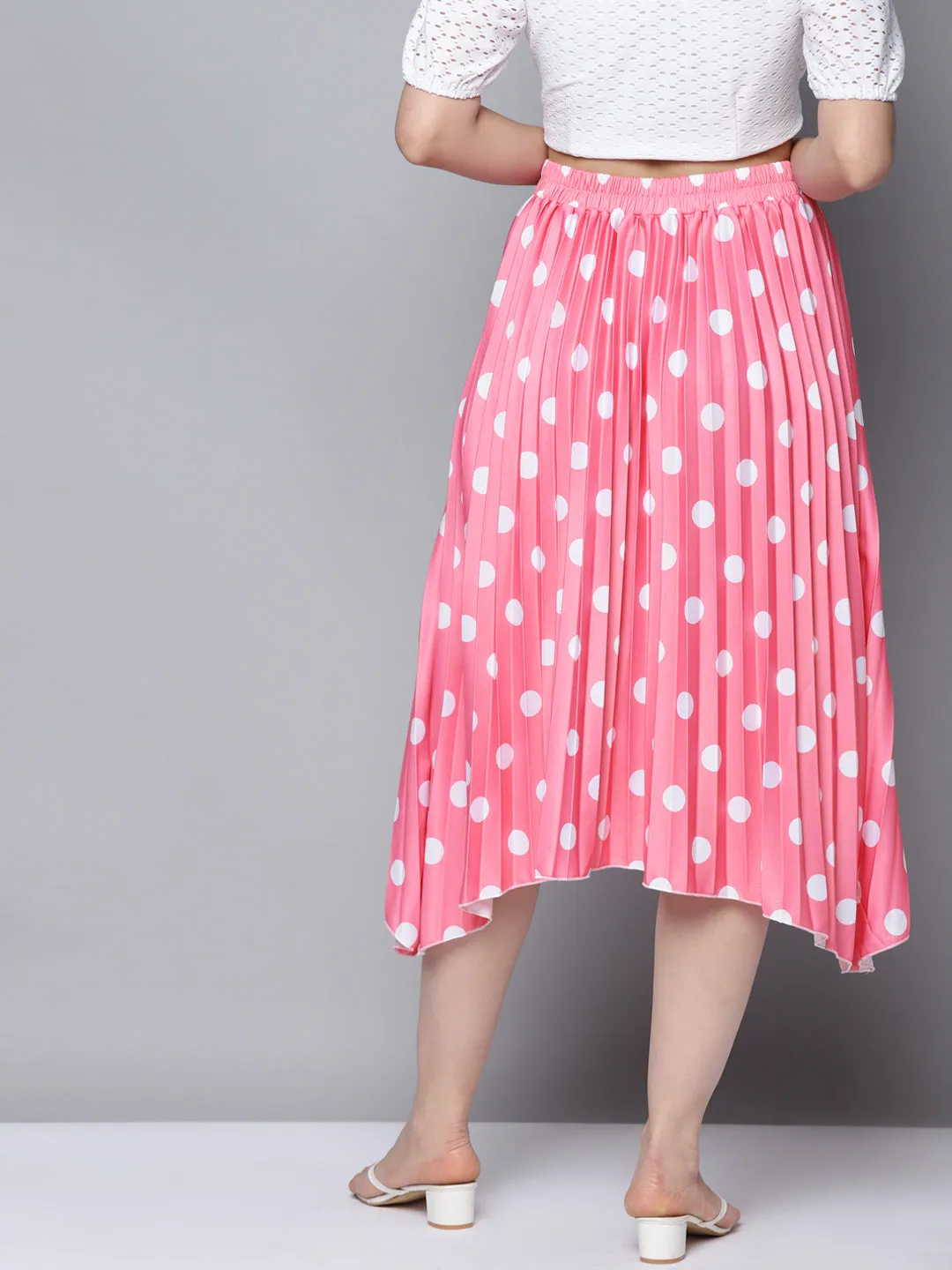 Women Pink With White Polka Dot Asymmetric Pleated Skirt