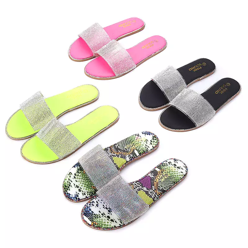 WoMen Rhinestone Bling Slippers Summer Beach Flip Flops Flat Walking Hiking Camping Home Anti-slip Comfortable Slippers Loafers 