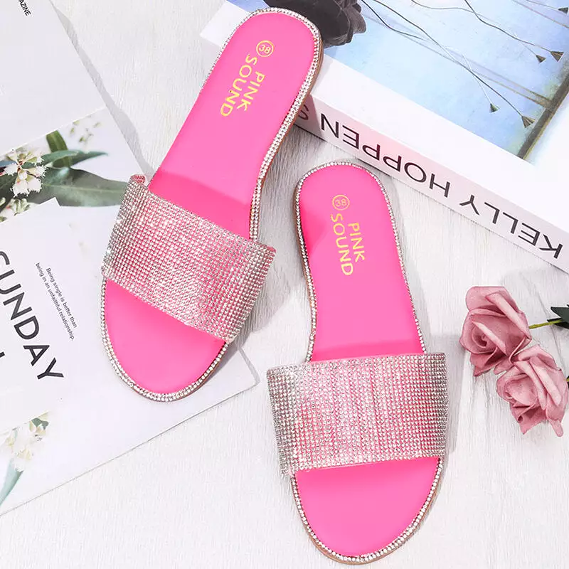 WoMen Rhinestone Bling Slippers Summer Beach Flip Flops Flat Walking Hiking Camping Home Anti-slip Comfortable Slippers Loafers 