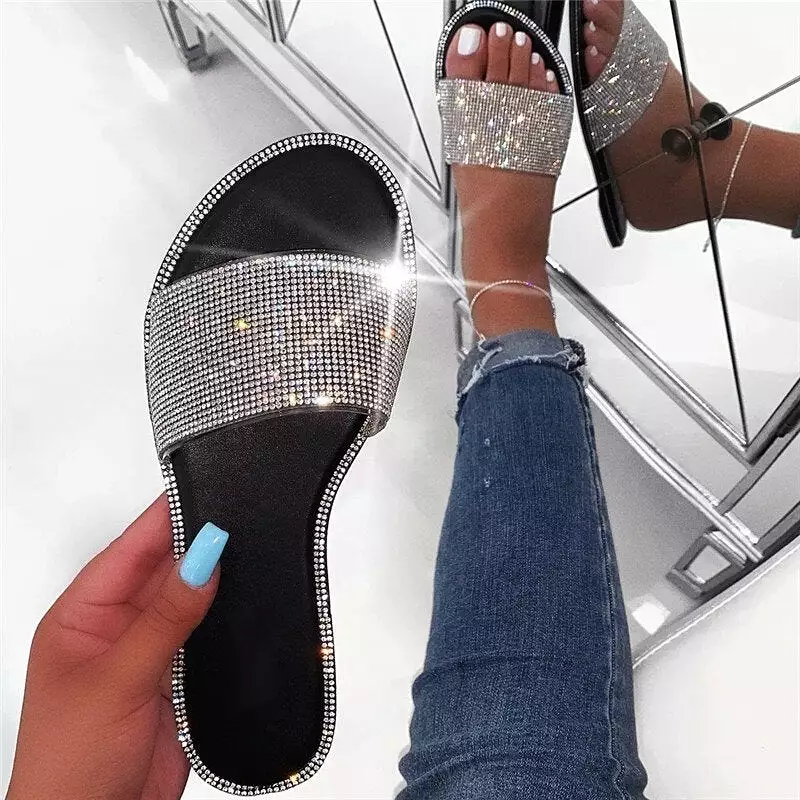 WoMen Rhinestone Bling Slippers Summer Beach Flip Flops Flat Walking Hiking Camping Home Anti-slip Comfortable Slippers Loafers 