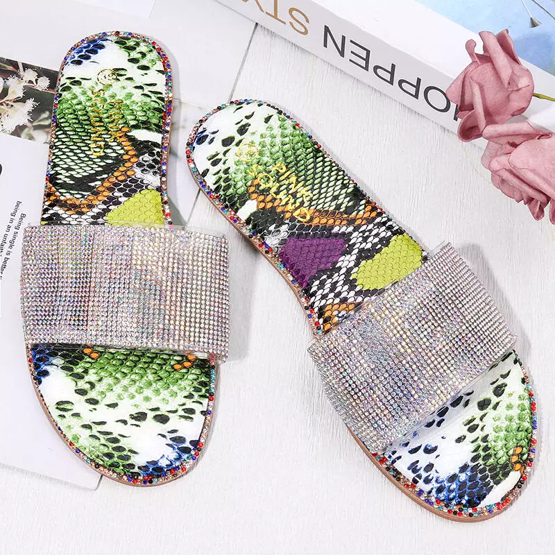 WoMen Rhinestone Bling Slippers Summer Beach Flip Flops Flat Walking Hiking Camping Home Anti-slip Comfortable Slippers Loafers 