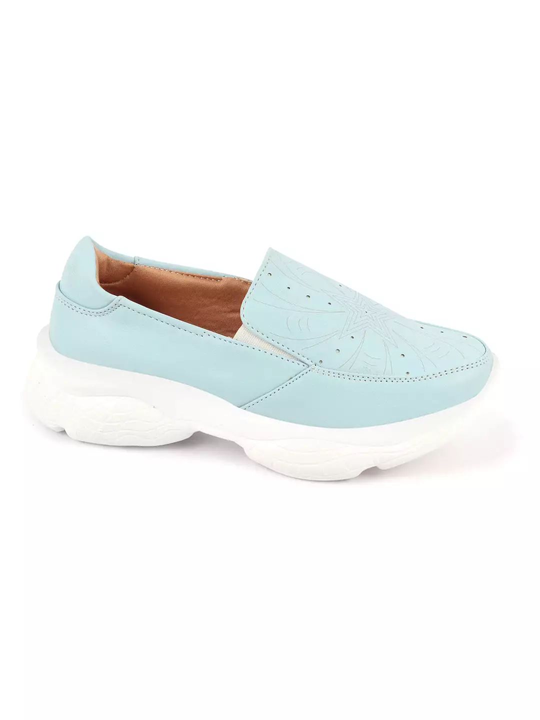 Women Sky Blue Printed Design Stitched Comfort Slip On Sneaker Shoes