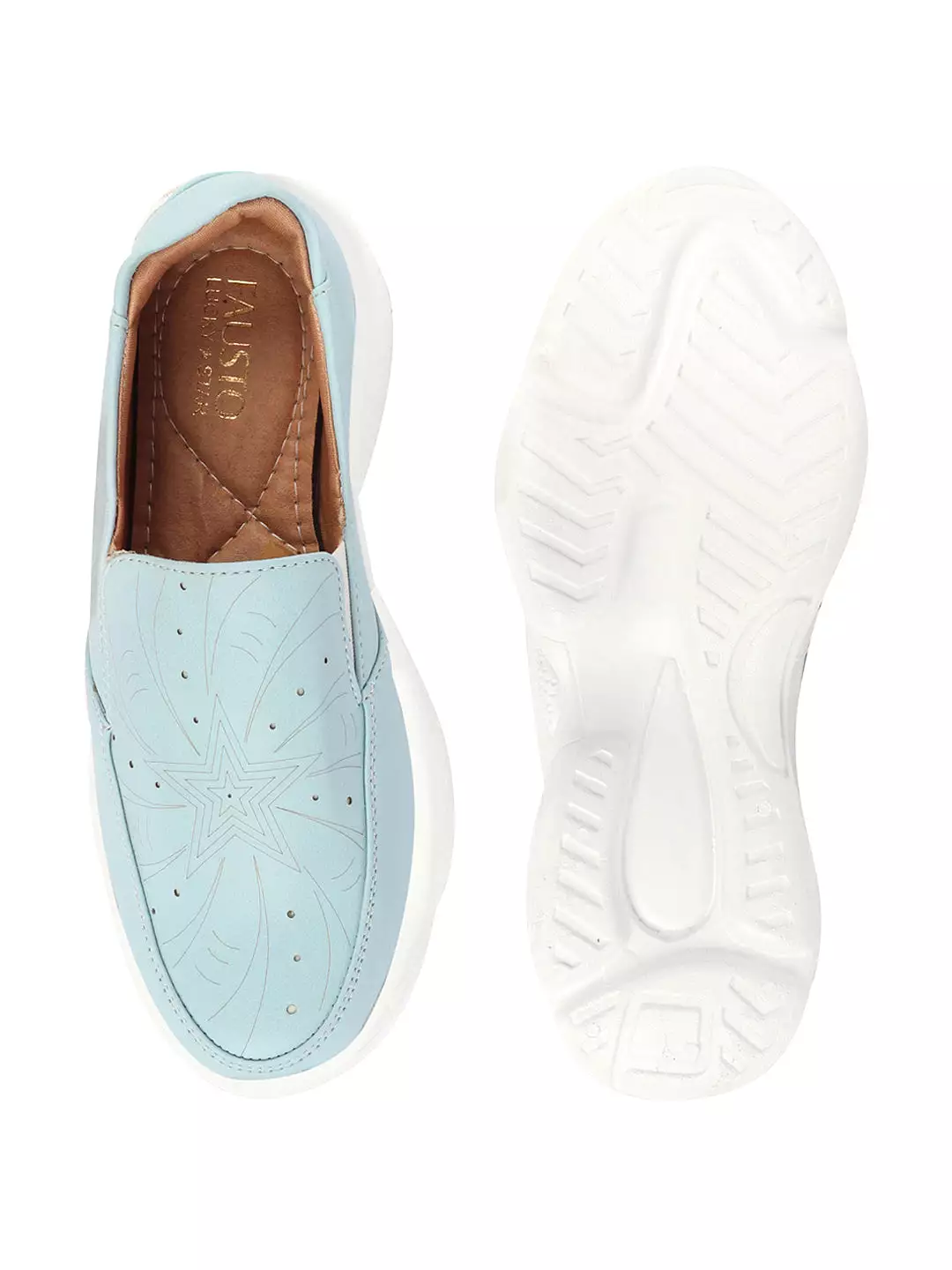 Women Sky Blue Printed Design Stitched Comfort Slip On Sneaker Shoes