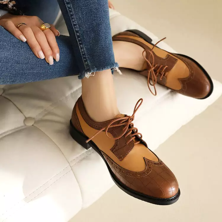 Women's Bicolor Lace-Up Round Toe Flats Oxford Shoes