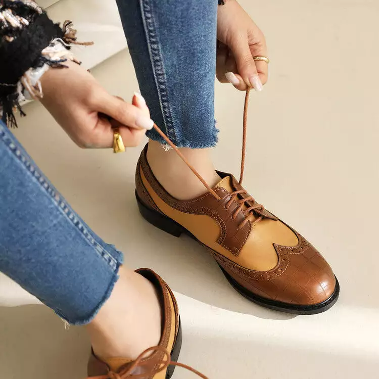 Women's Bicolor Lace-Up Round Toe Flats Oxford Shoes