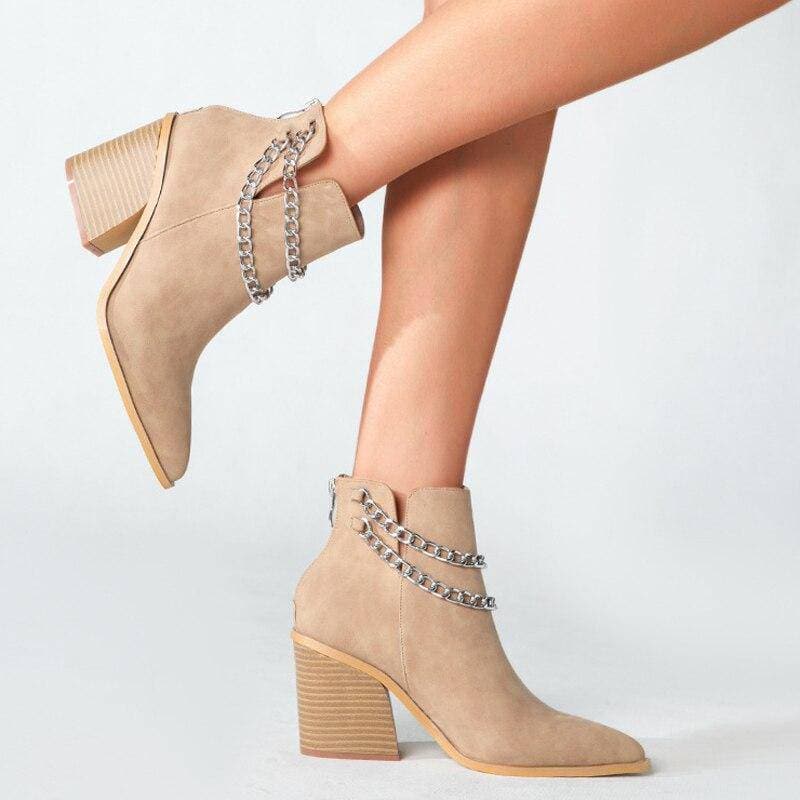 Women's Chain Zipper Back Chunky Heel Boots