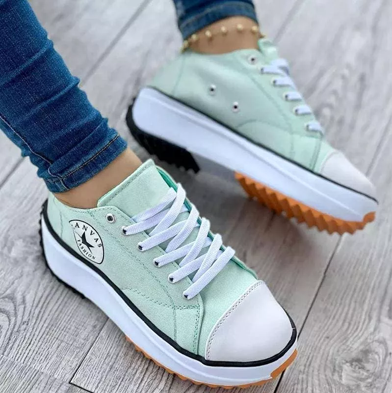 Women's Fashion Canvas Color-Blocking Lace-up Platform Heel Sneakers