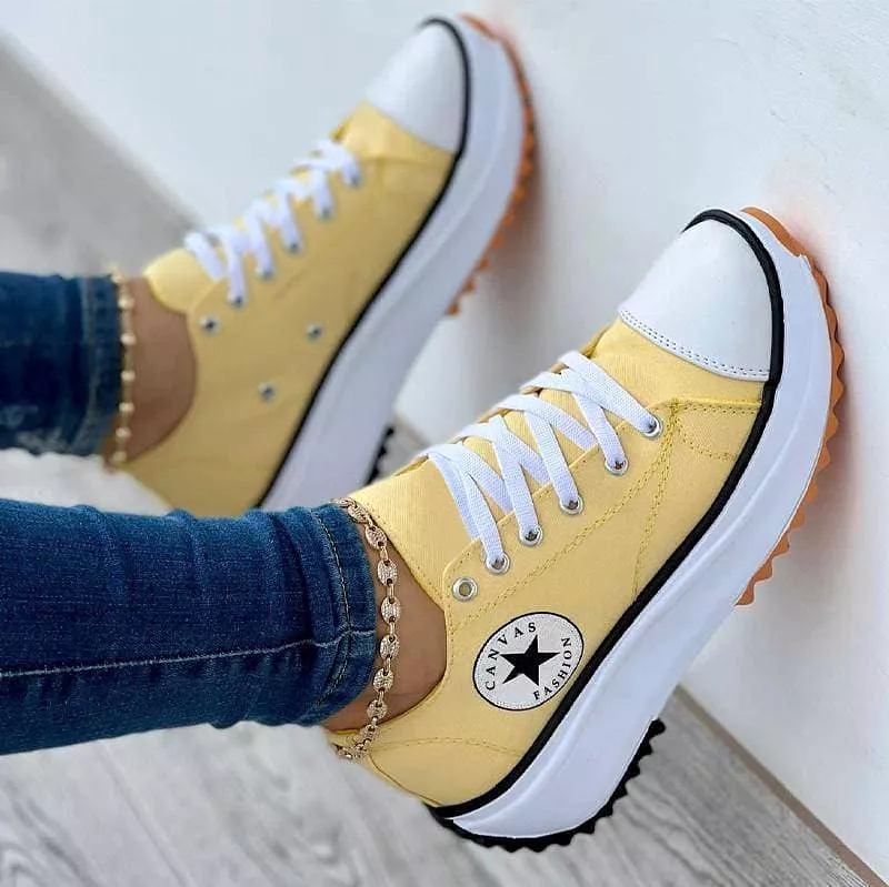 Women's Fashion Canvas Color-Blocking Lace-up Platform Heel Sneakers