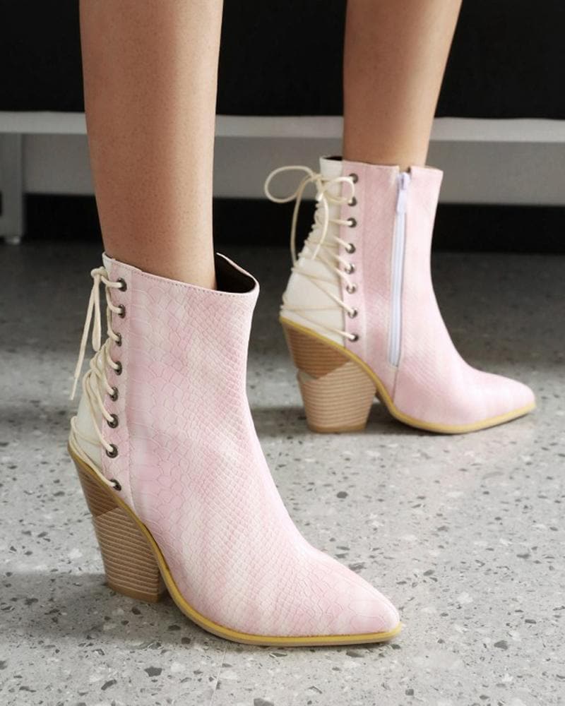 Women's Fashion Color-Blocking Zipper Chunky Heel Boots