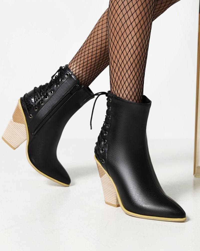 Women's Fashion Color-Blocking Zipper Chunky Heel Boots