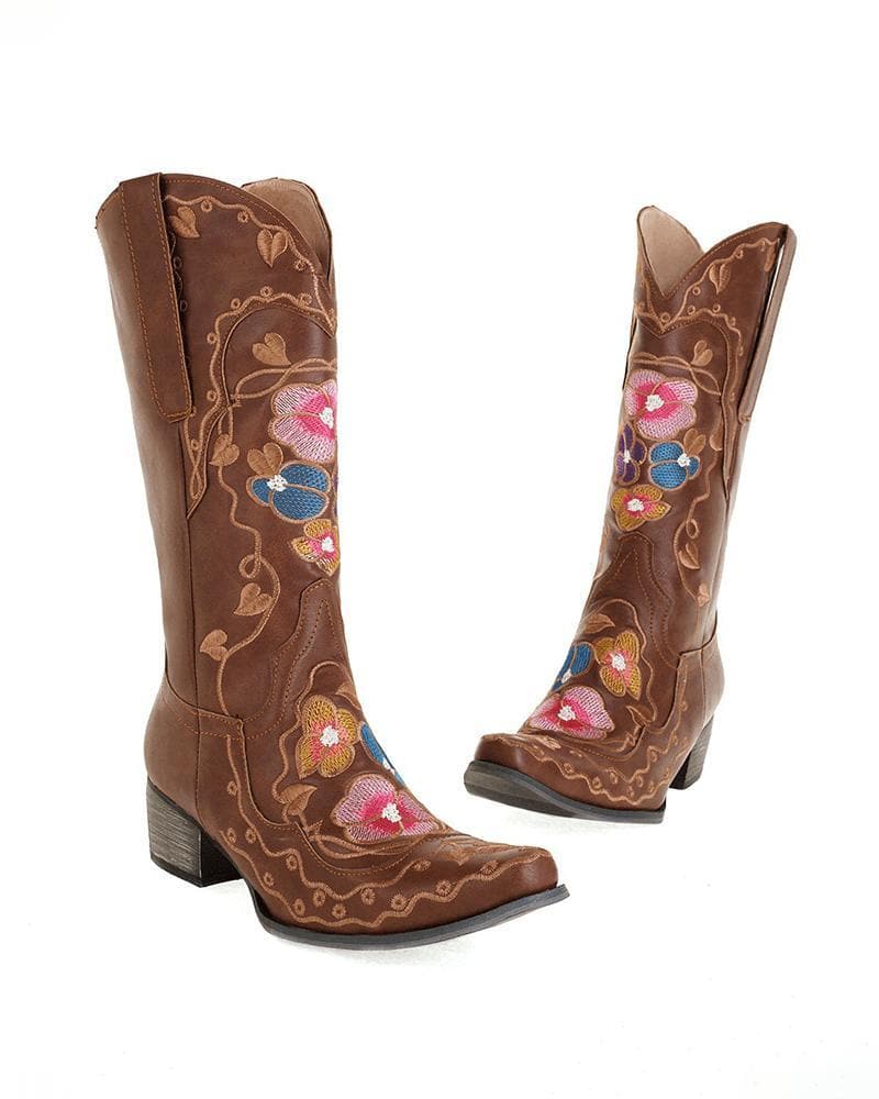 Women's Fashion Embroidery Chunky Heel Cowboy Boots