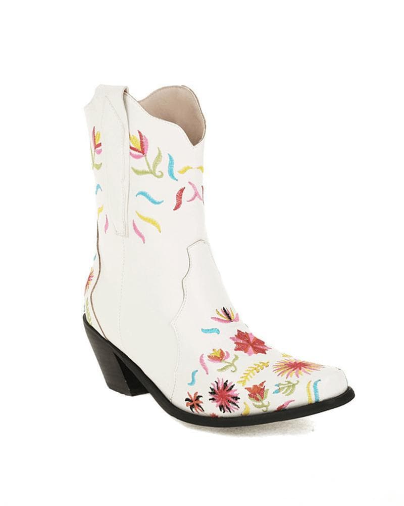 Women's Fashion Floral Embroidery Chunky Heel Cowboy Boots