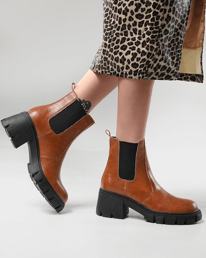 Women's Fashion Outdoor Color-Blocking Round Toe Chunky Heel Ankle Boots