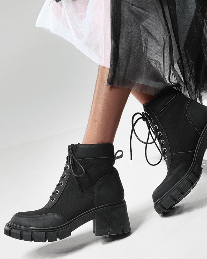 Women's Fashion Outdoor Solid Color Lace-up Chunky Heel Ankle Boots