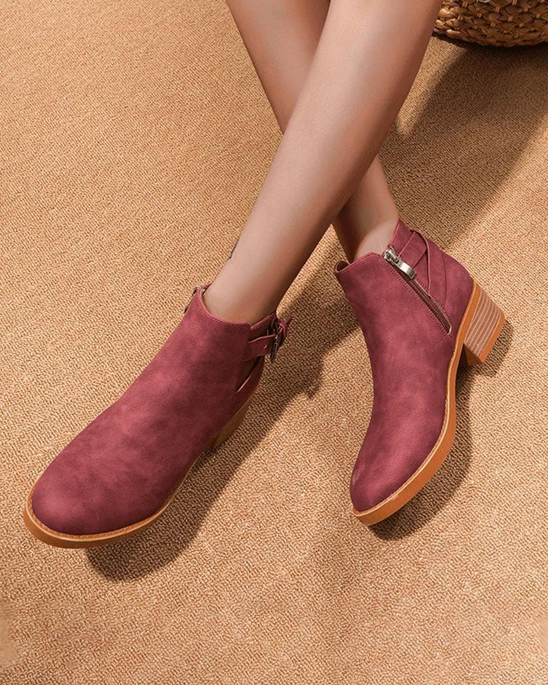 Women's Fashion Outdoor Solid Color Round Toe Chunky Heel Ankle Boots