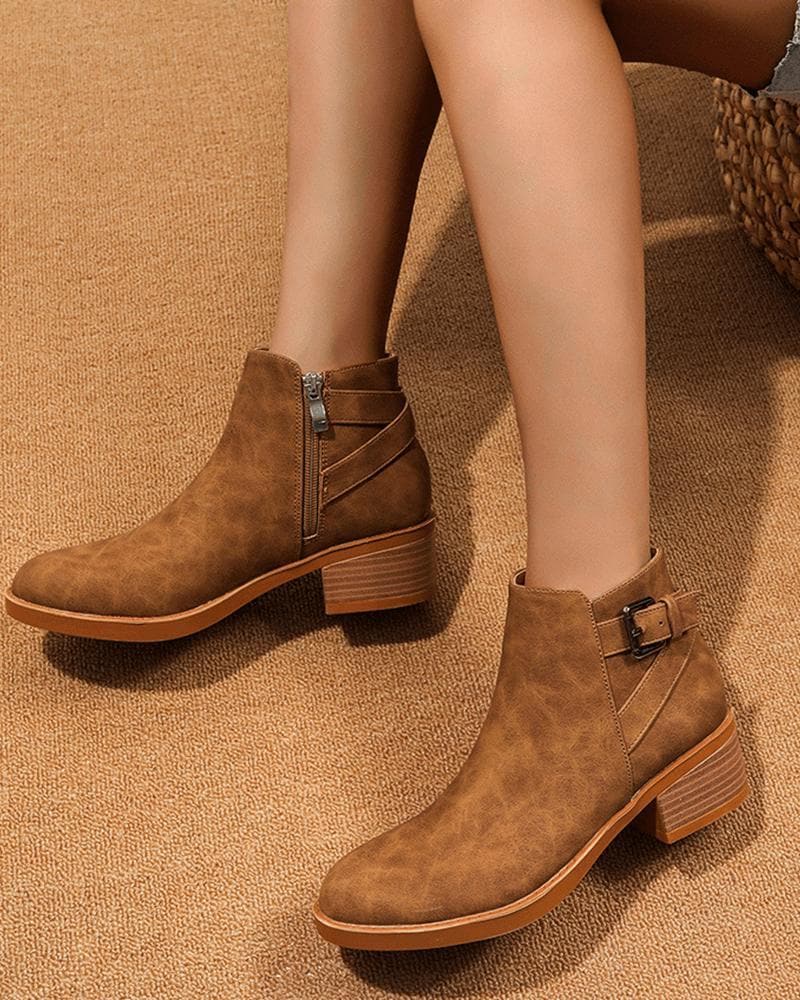 Women's Fashion Outdoor Solid Color Round Toe Chunky Heel Ankle Boots