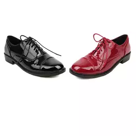 Women's Glossy Round Toe Lace-Up Flat Oxford Shoes