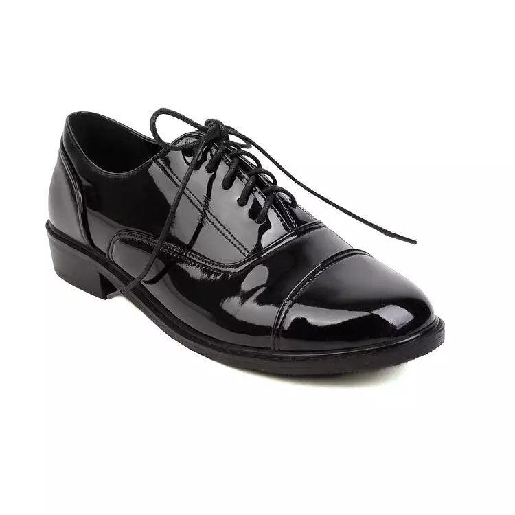 Women's Glossy Round Toe Lace-Up Flat Oxford Shoes