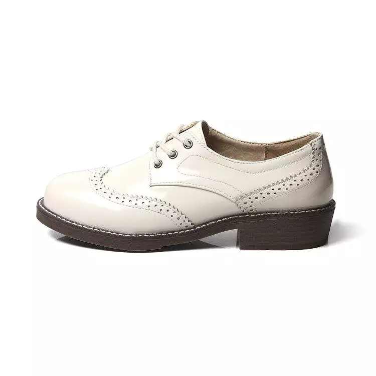 Women's Glossy Round Toe Lace-Up Stitch Oxford Shoes