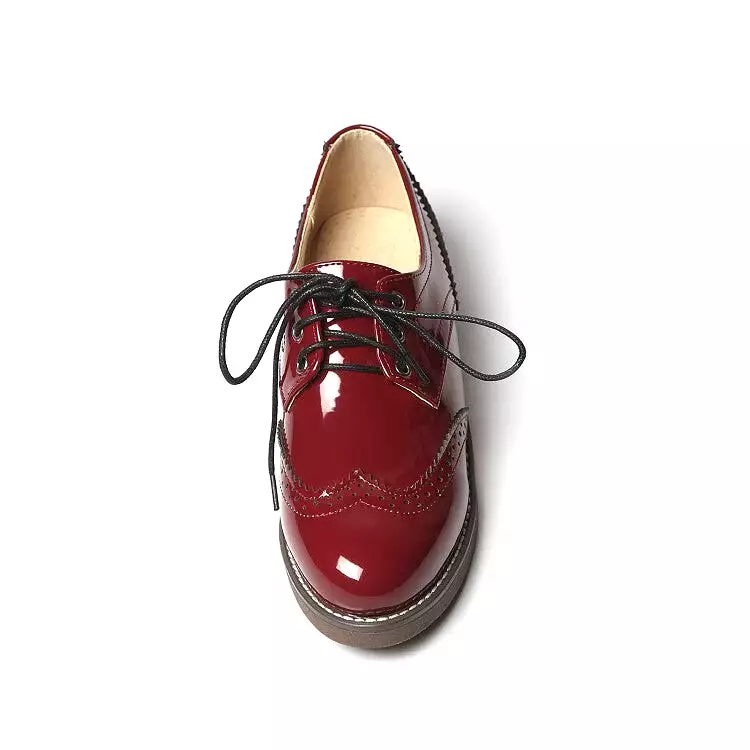 Women's Glossy Round Toe Lace-Up Stitch Oxford Shoes