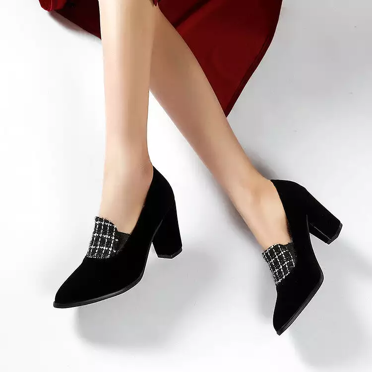 Women's Lattice Patchwork Shallow Chunky Heel Slip-On Loafers