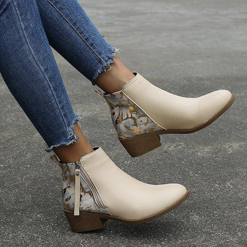 Women's Pattern Side-zip Chunky Heel Ankle Boots