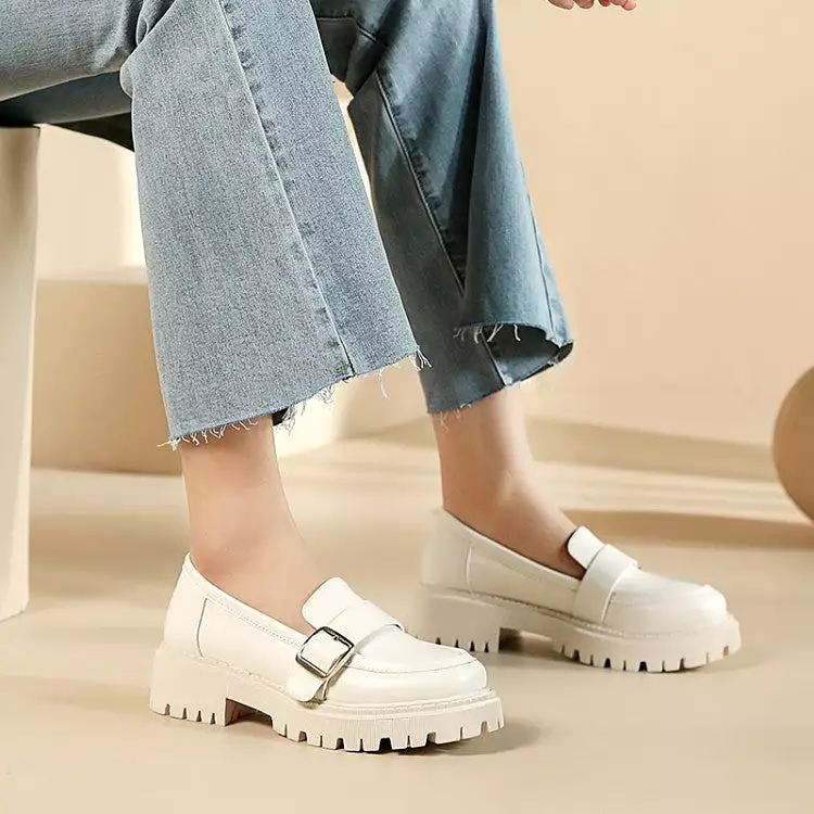 Women's Round Toe Buckle Straps Platform Slip-On Loafers