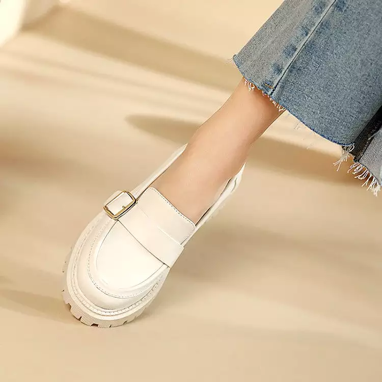 Women's Round Toe Buckle Straps Platform Slip-On Loafers