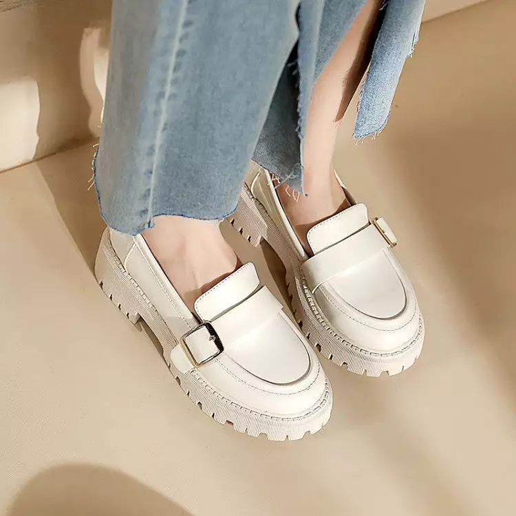 Women's Round Toe Buckle Straps Platform Slip-On Loafers