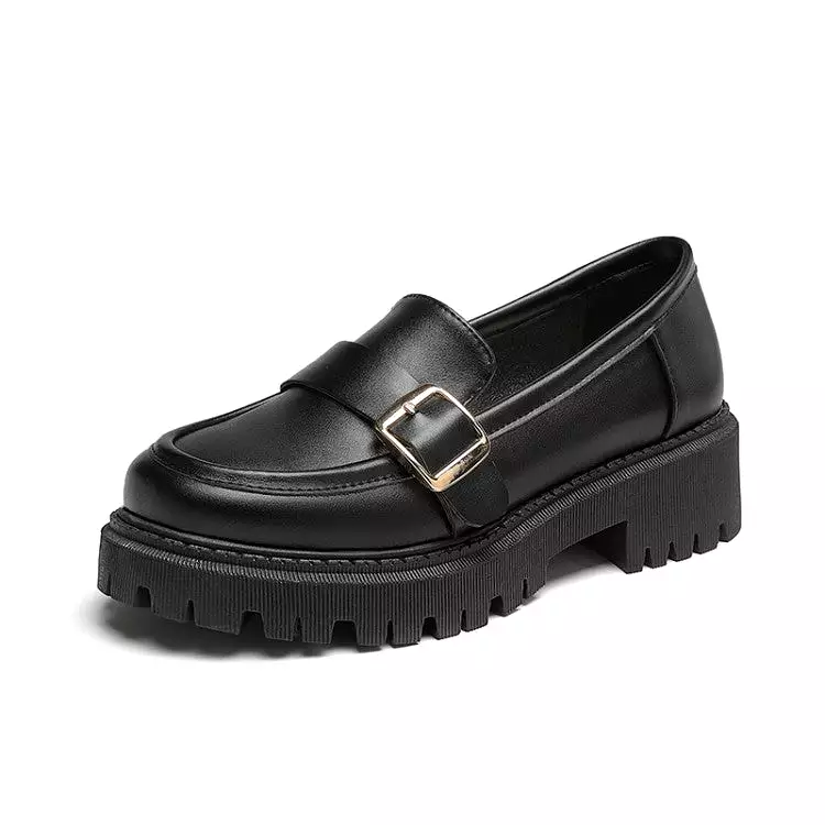 Women's Round Toe Buckle Straps Platform Slip-On Loafers