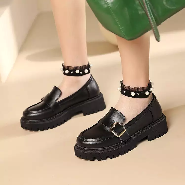 Women's Round Toe Buckle Straps Platform Slip-On Loafers