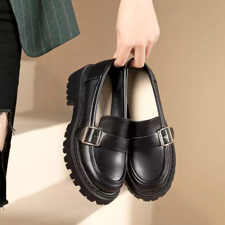 Women's Round Toe Buckle Straps Platform Slip-On Loafers