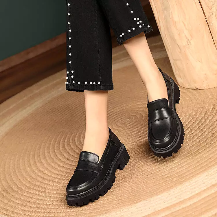 Women's Round Toe Stitch Platform Slip-On Loafers