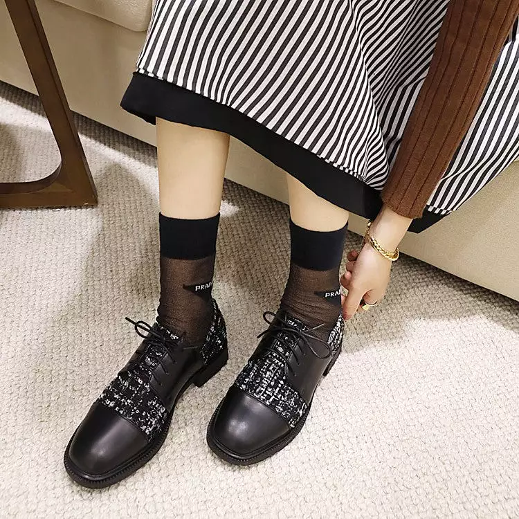 Women's Square Toe Lattice Lace-Up Oxford Shoes